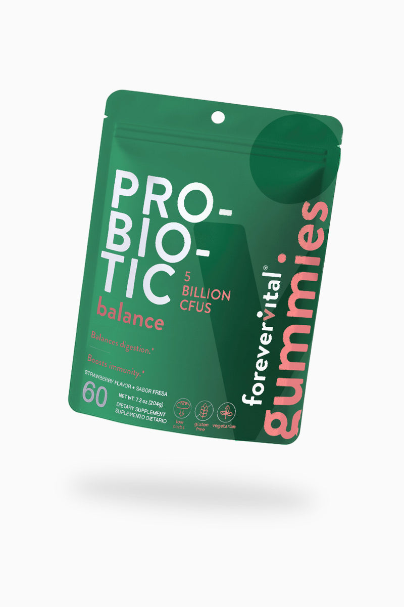 Strawberry-flavored Forevervital Probiotic Gummies pouch with 5 billion CFUs, vegan and gluten-free digestive health supplement, 60 gummies.