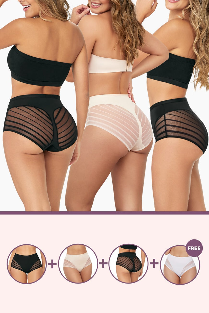 Back view of women wearing the Ultimate Flawless Brief Bundle in black, beige, and white, highlighting lace panel designs on the briefs.
