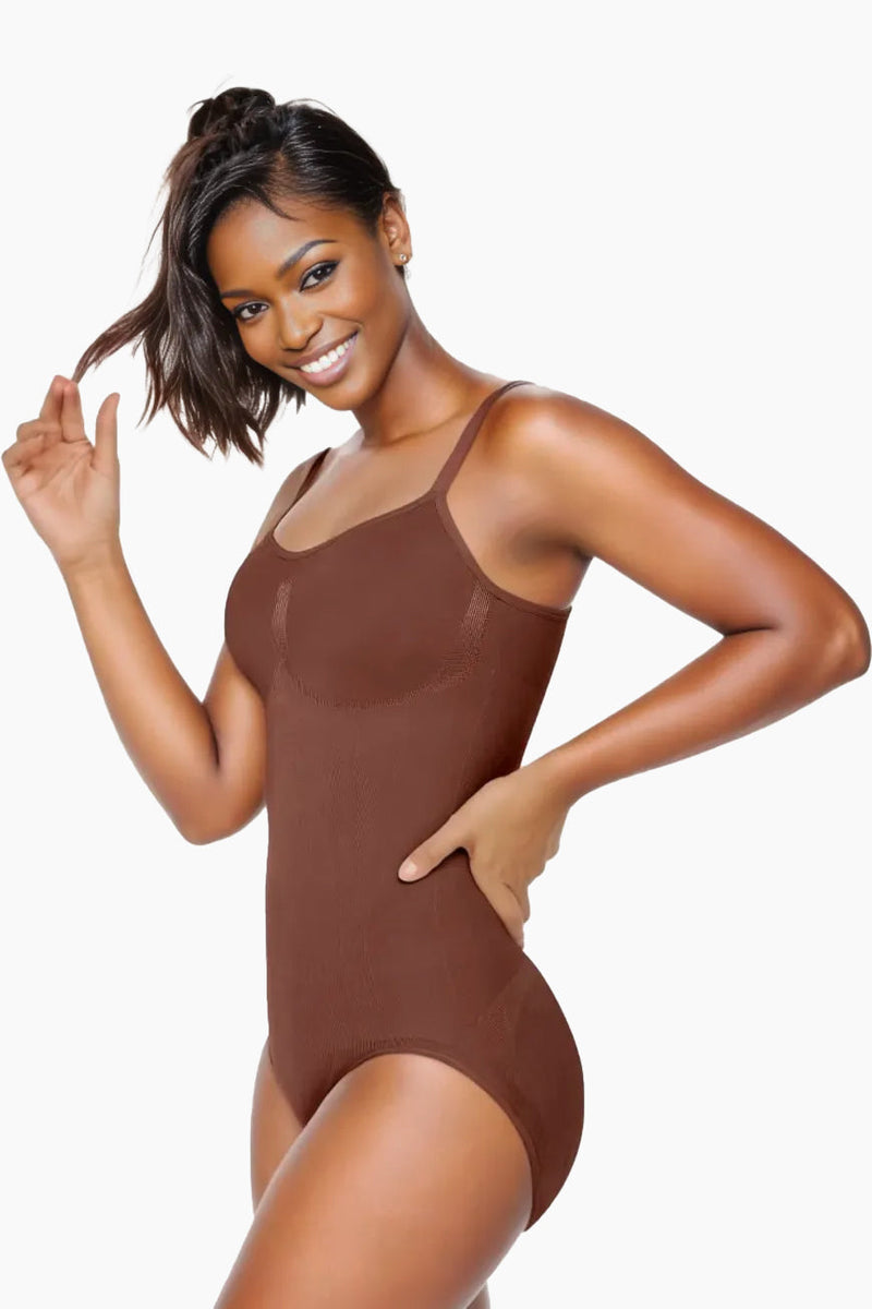Side view of Curveez Comfort Evolution Bodysuit in brown, designed to enhance curves with seamless comfort and adjustable straps.