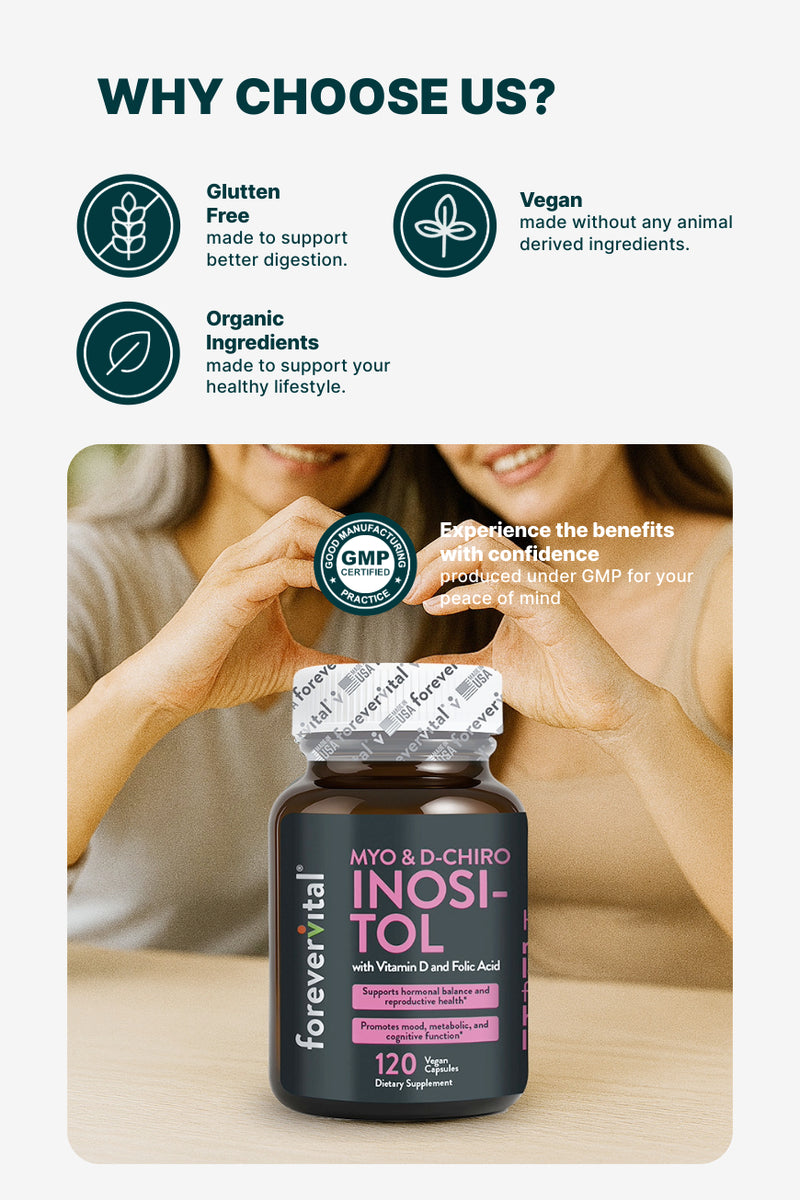 Why Choose Us section for Forevervital Myo & D-Chiro Inositol supplement, emphasizing gluten-free, vegan, organic, and GMP-certified quality.