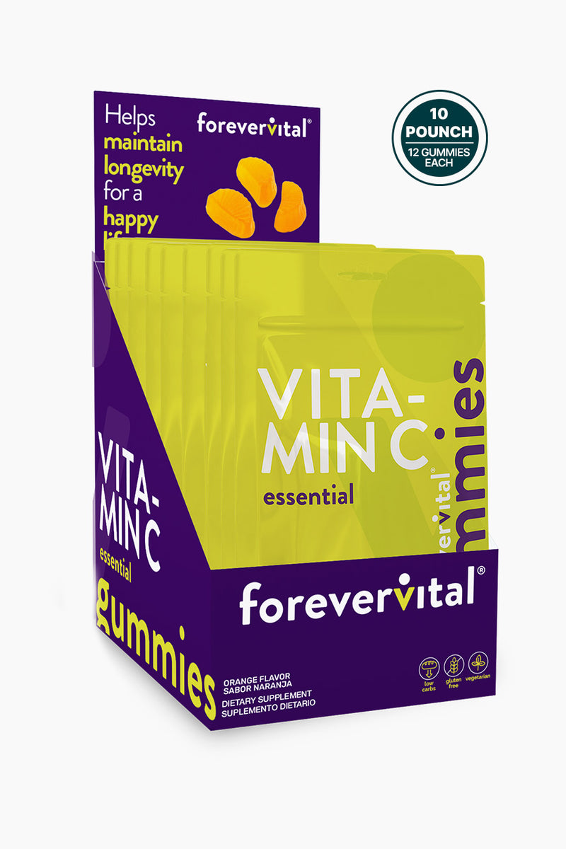 Forevervital Vitamin C Gummies Dispenser x10 with 10 orange-flavored supplement pouches, each labeled with essential antioxidant support.